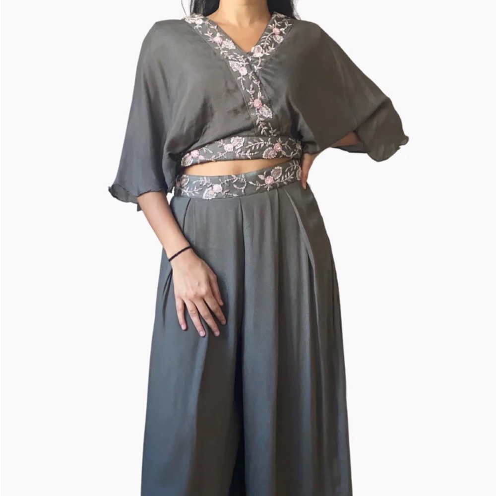 Gray Indowestern Palazzo Set with Flare Sleeve Top